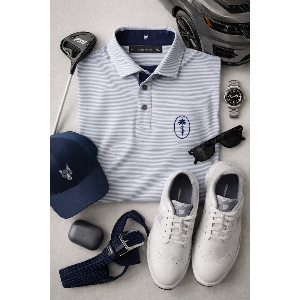 Greyson Men Golf Polo Shirt XL Blue‎ White Stripe Performance Stretch Wolf Logo